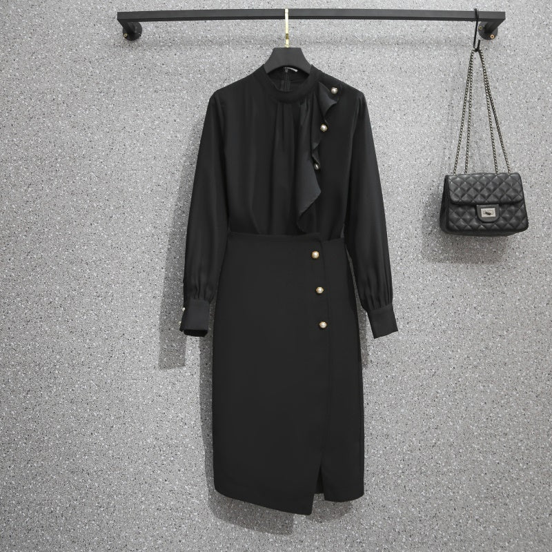 Plus Size Work High Neck Long Sleeve Blouse and Black Pencil Skirt Set