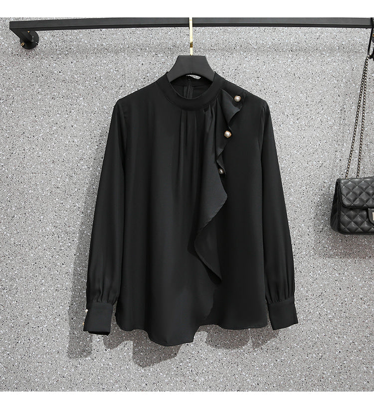 Plus Size Work High Neck Long Sleeve Blouse and Black Pencil Skirt Set