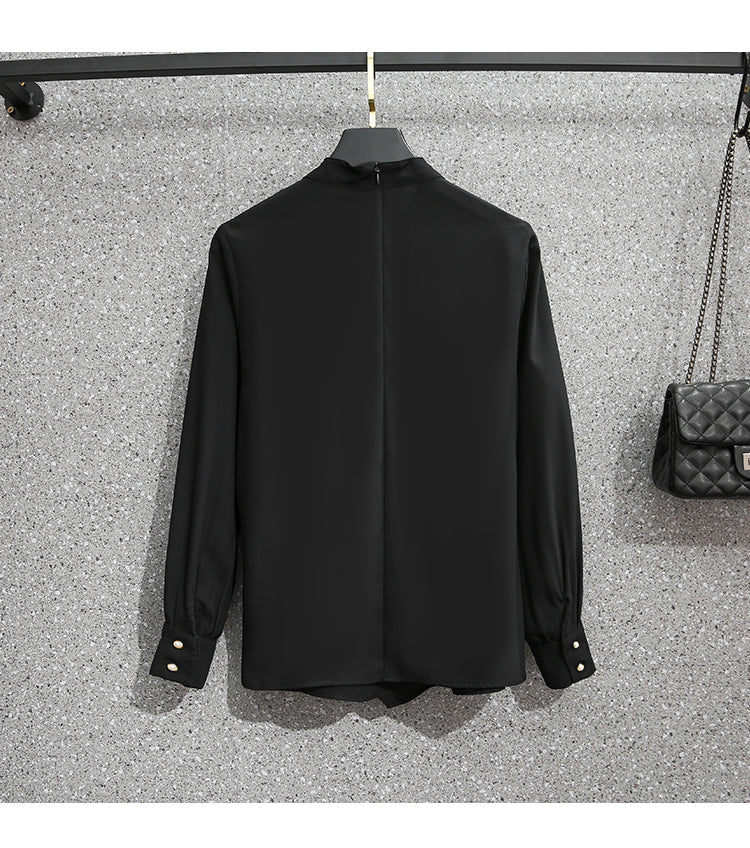 Plus Size Work High Neck Long Sleeve Blouse and Black Pencil Skirt Set