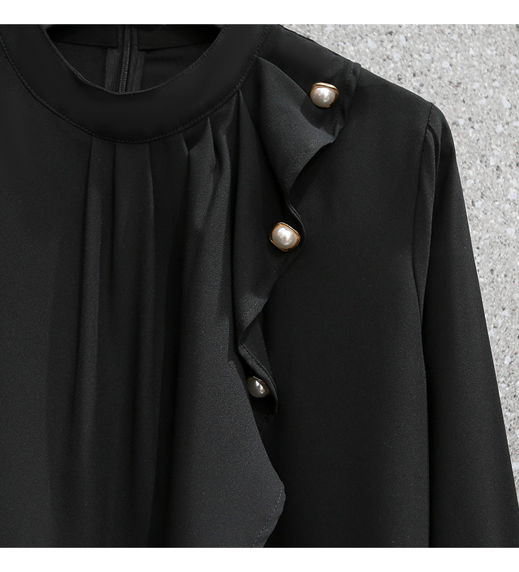 Plus Size Work High Neck Long Sleeve Blouse and Black Pencil Skirt Set