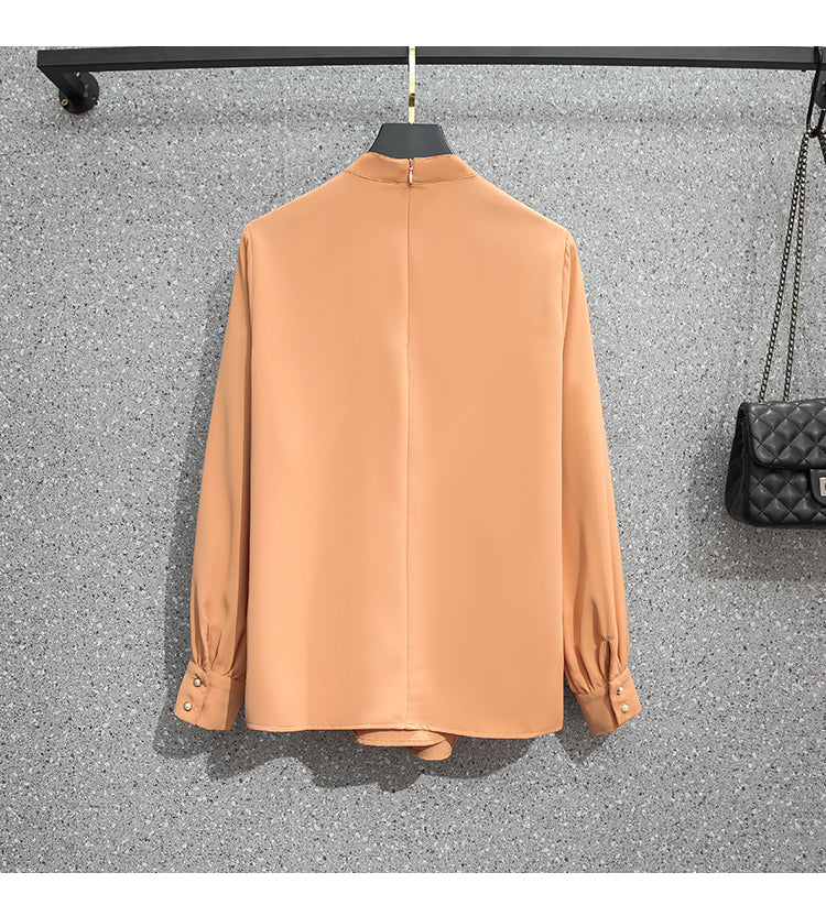 Plus Size Work High Neck Long Sleeve Blouse and Black Pencil Skirt Set