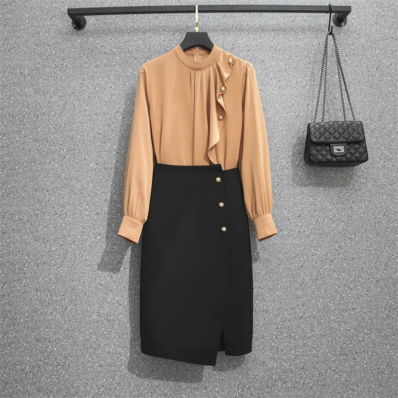 Plus Size Work High Neck Long Sleeve Blouse and Black Pencil Skirt Set