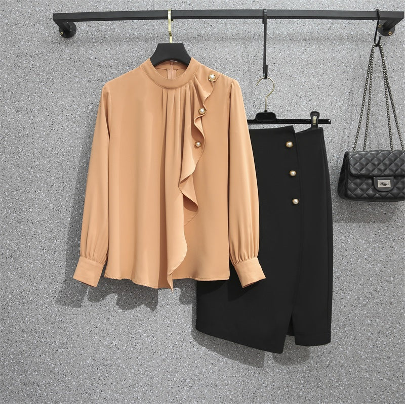 Plus Size Work High Neck Long Sleeve Blouse and Black Pencil Skirt Set