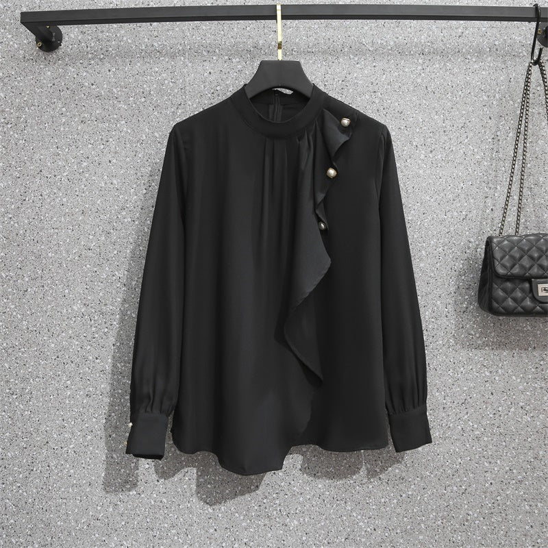 Plus Size Work High Neck Long Sleeve Blouse and Black Pencil Skirt Set