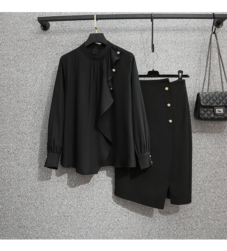 Plus Size Work High Neck Long Sleeve Blouse and Black Pencil Skirt Set