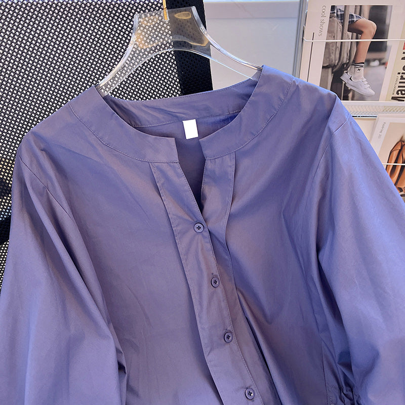 Plus Size Korean Notch Neck Loose Blouse