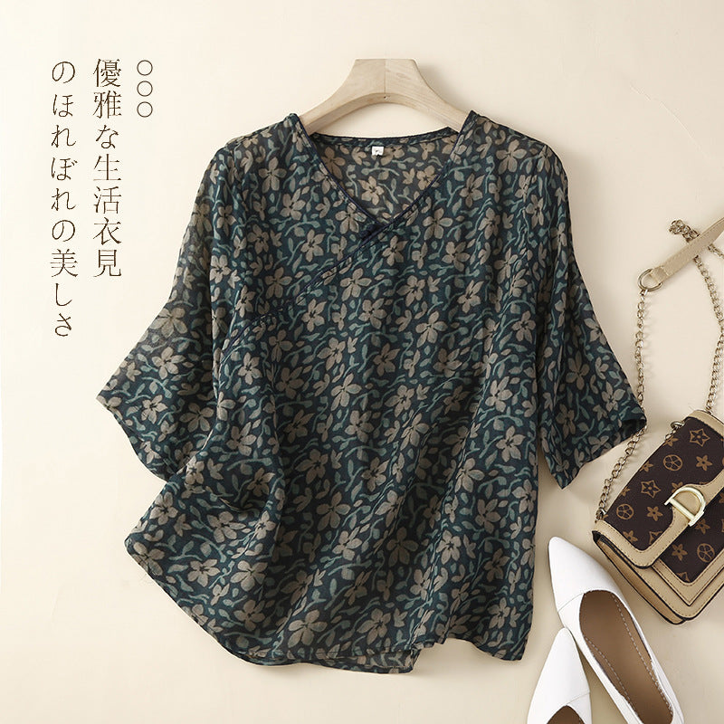 Plus Size Oriental Wrap Short Sleeve Blouse