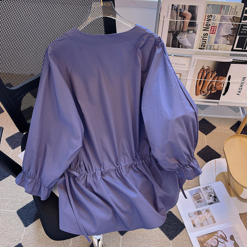 Plus Size Korean Notch Neck Loose Blouse