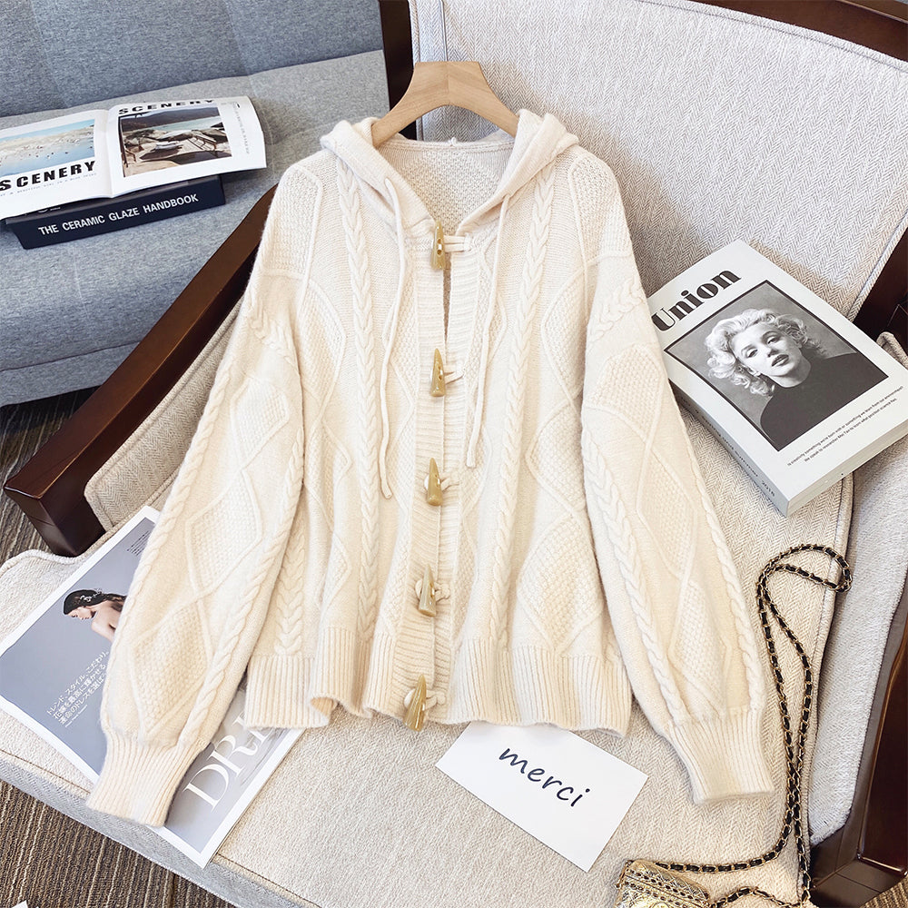 Plus Size Korean Cable Knit Hoodie Sweater Jacket
