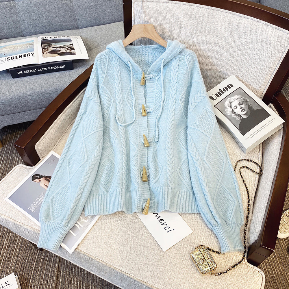 Plus Size Korean Cable Knit Hoodie Sweater Jacket