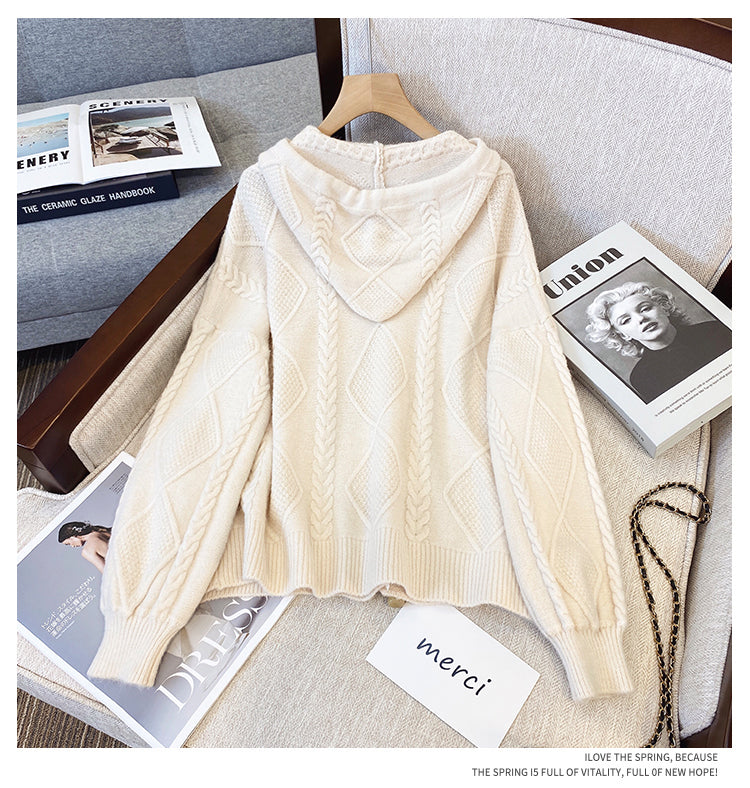 Plus Size Korean Cable Knit Hoodie Sweater Jacket