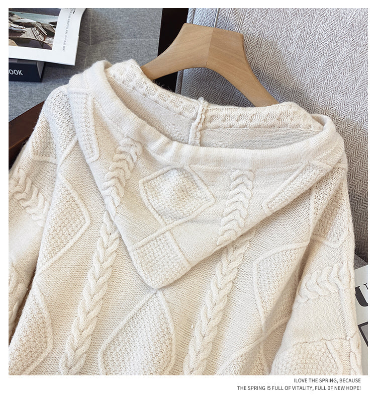 Plus Size Korean Cable Knit Hoodie Sweater Jacket