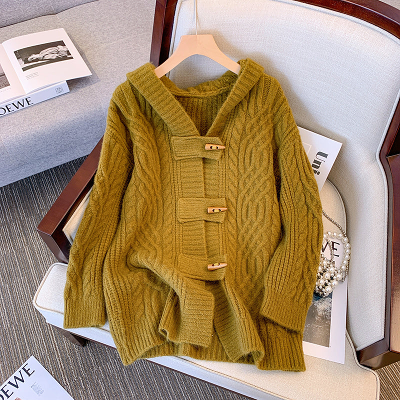 Plus Size Thick Cableknit Hooded Cardigan Jacket