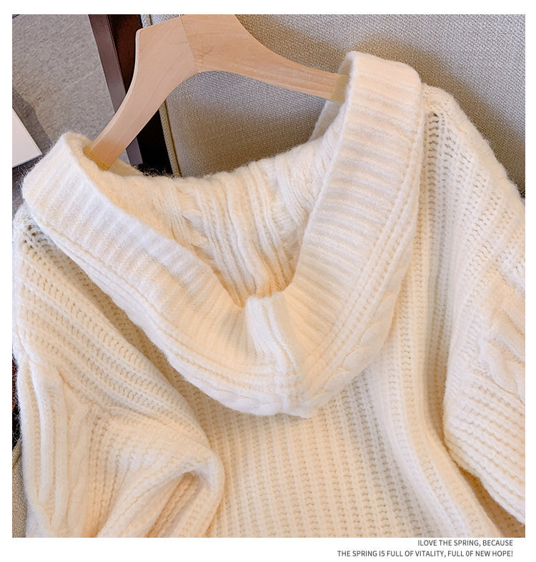Plus Size Thick Cableknit Hooded Cardigan Jacket