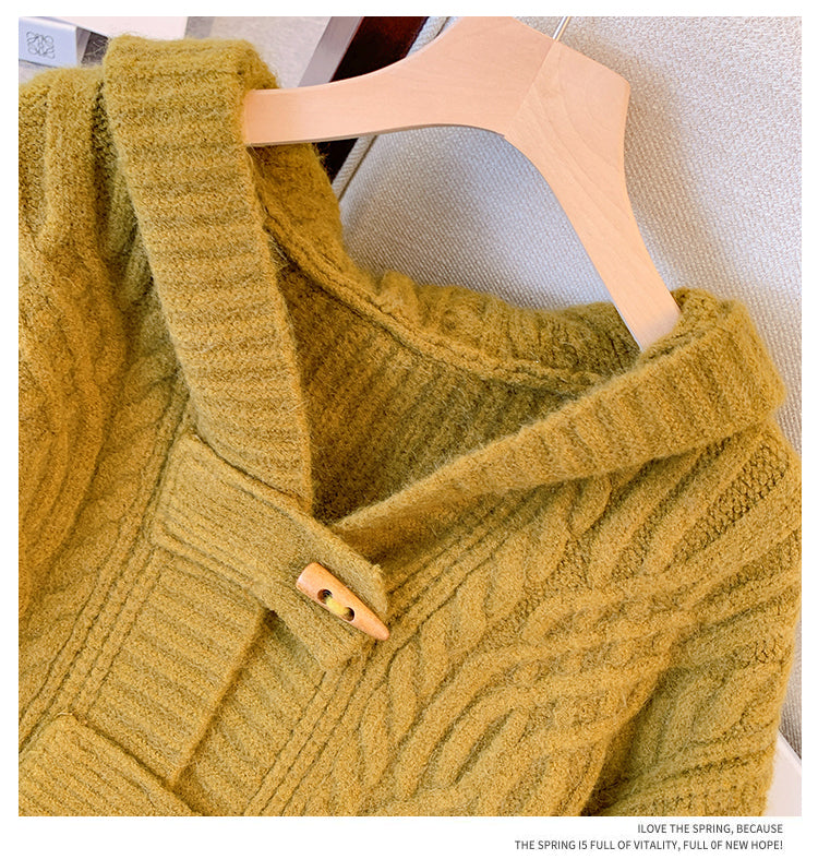 Plus Size Thick Cableknit Hooded Cardigan Jacket