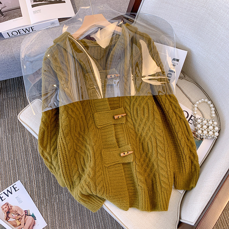 Plus Size Thick Cableknit Hooded Cardigan Jacket
