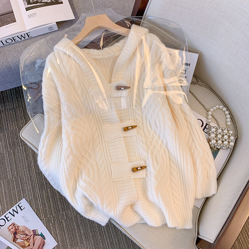 Plus Size Thick Cableknit Hooded Cardigan Jacket