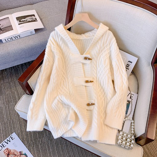 Plus Size Thick Cableknit Hooded Cardigan Jacket