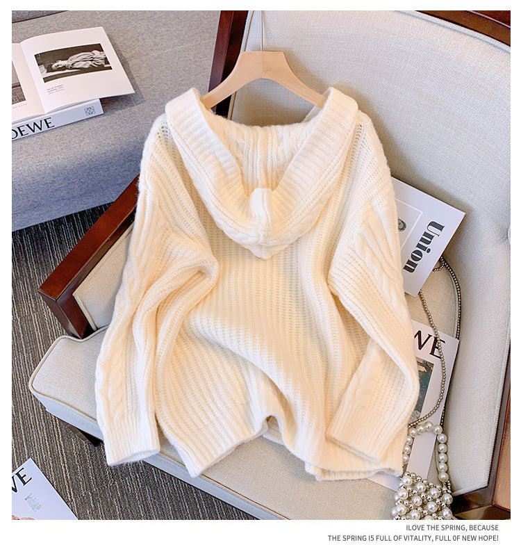 Plus Size Thick Cableknit Hooded Cardigan Jacket