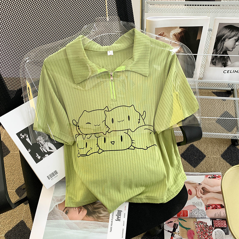 Plus Size Cute Cat Polo T Shirt