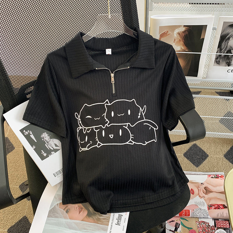 Plus Size Cute Cat Polo T Shirt