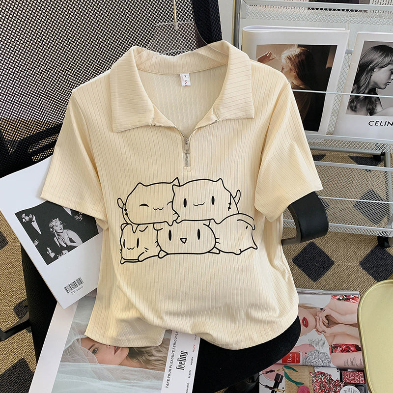 Plus Size Cute Cat Polo T Shirt
