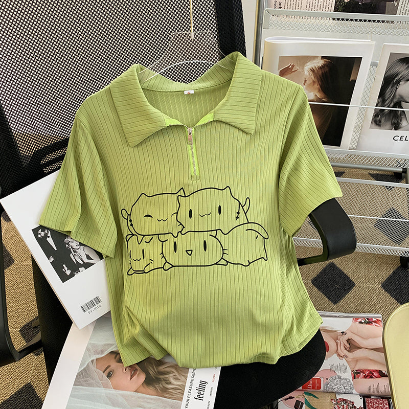 Plus Size Cute Cat Polo T Shirt