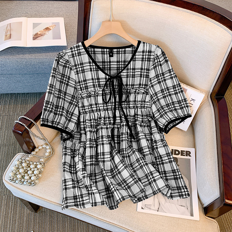Plus Size Checks Korean Babydoll Blouse (Extra Big Size)