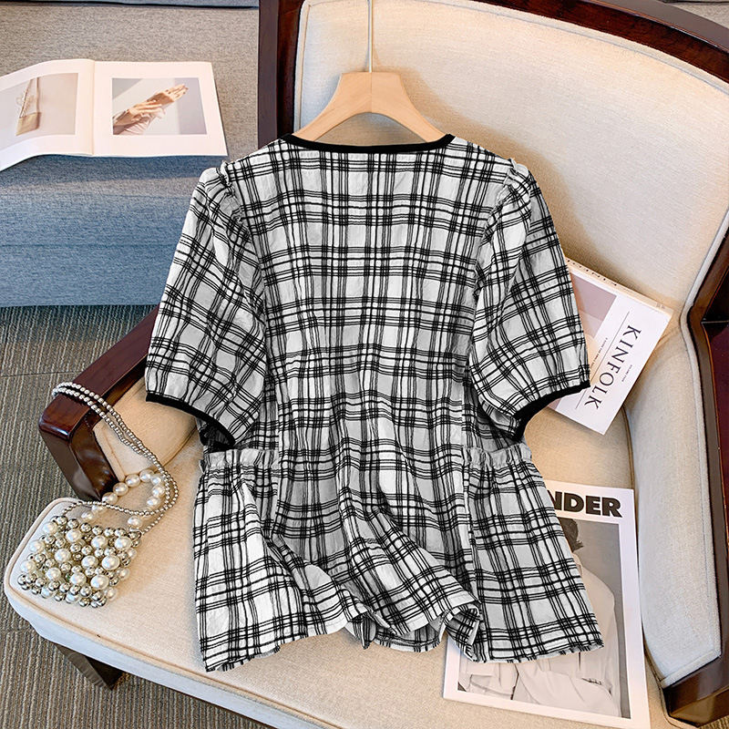 Plus Size Checks Korean Babydoll Blouse (Extra Big Size)