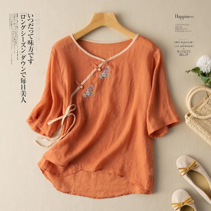 (Ready Stock TEAL XL - 1 Pc) Plus Size Little Embroidery Cheongsam Blouse