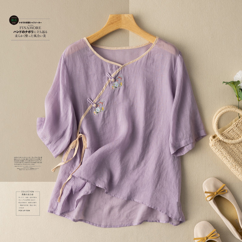 (Ready Stock TEAL XL - 1 Pc) Plus Size Little Embroidery Cheongsam Blouse