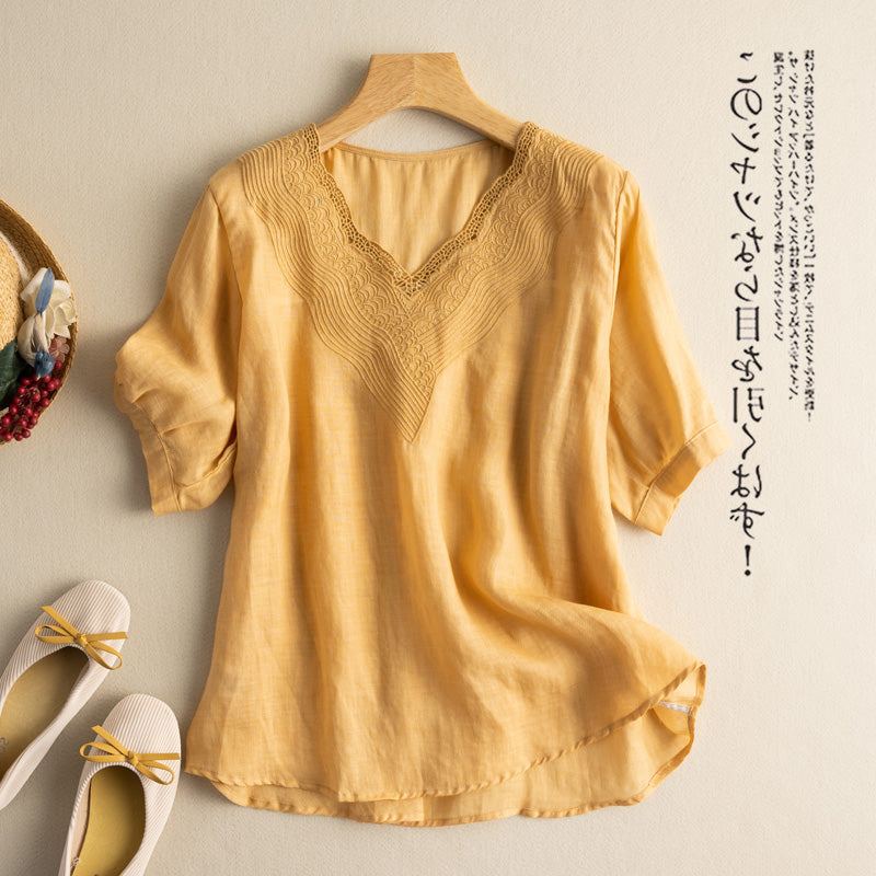 Plus Size Lace V Neck Loose Blouse