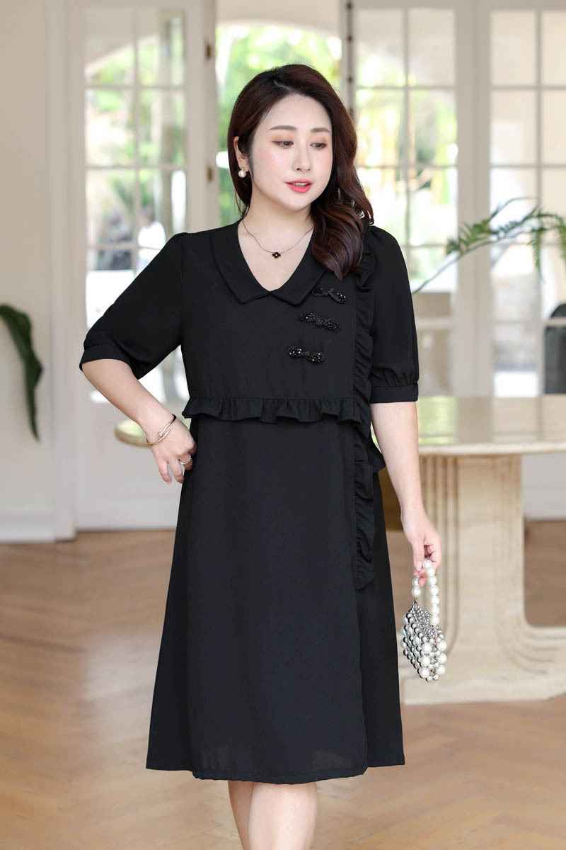 Plus Size Cheongsam Buttons Frill Black Dress (Extra Big Size)