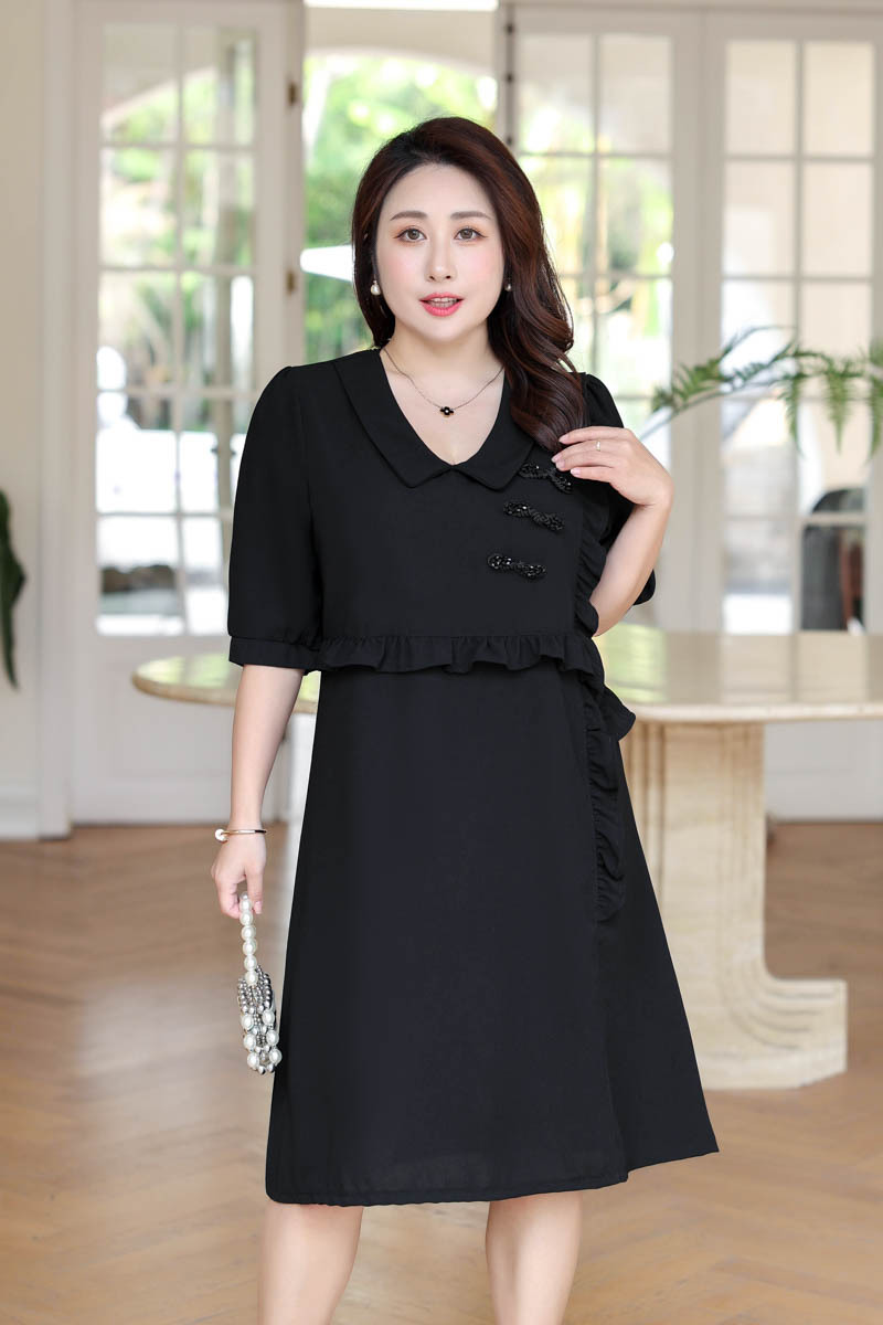 Plus Size Cheongsam Buttons Frill Black Dress (Extra Big Size)