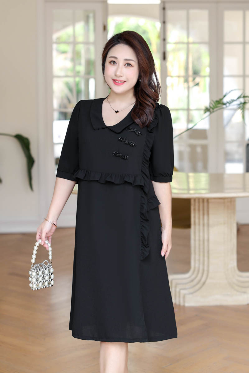 Plus Size Cheongsam Buttons Frill Black Dress (Extra Big Size)
