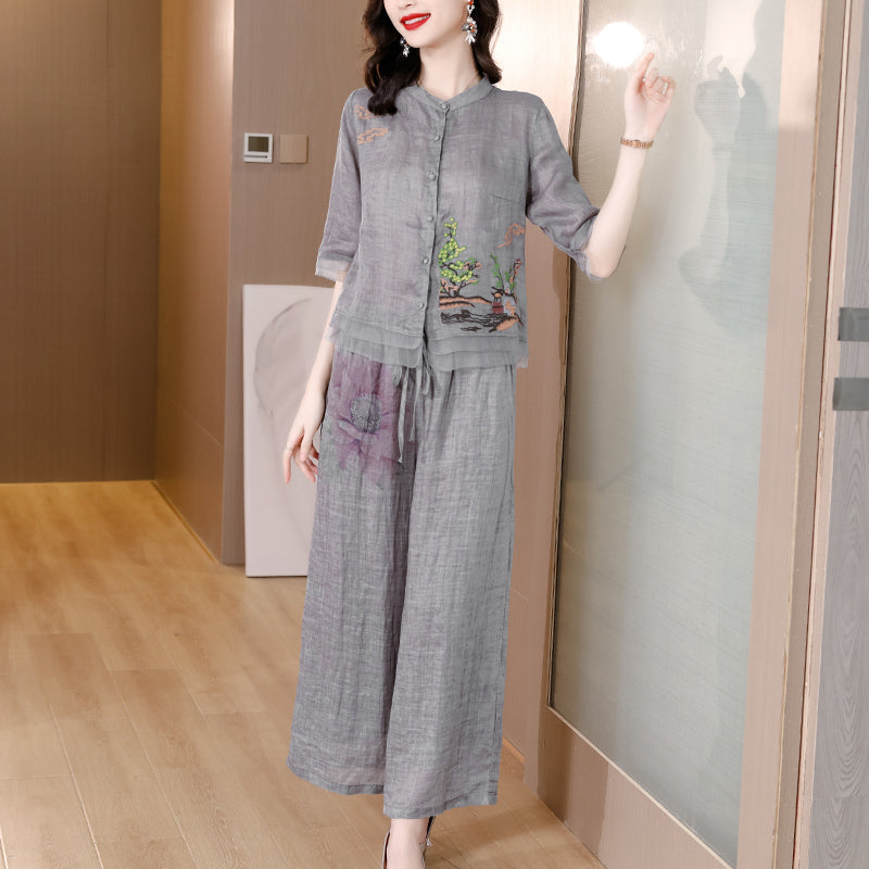 Plus Size Oriental Blouse Cheongsam and Wide Leg Pants Set