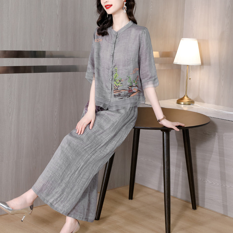 Plus Size Oriental Blouse Cheongsam and Wide Leg Pants Set