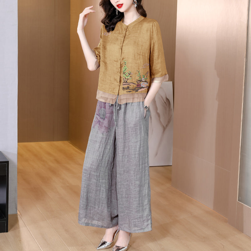 Plus Size Oriental Blouse Cheongsam and Wide Leg Pants Set