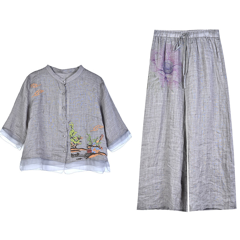Plus Size Oriental Blouse Cheongsam and Wide Leg Pants Set