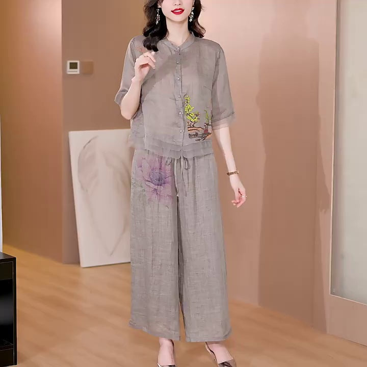 Plus Size Oriental Blouse Cheongsam and Wide Leg Pants Set