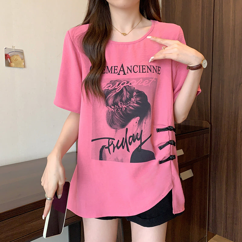 Plus Size Graphic Tee with Chinese Frog Buttons