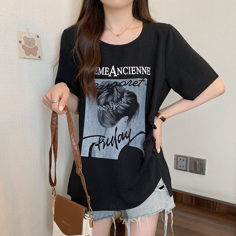 Plus Size Graphic Tee with Chinese Frog Buttons