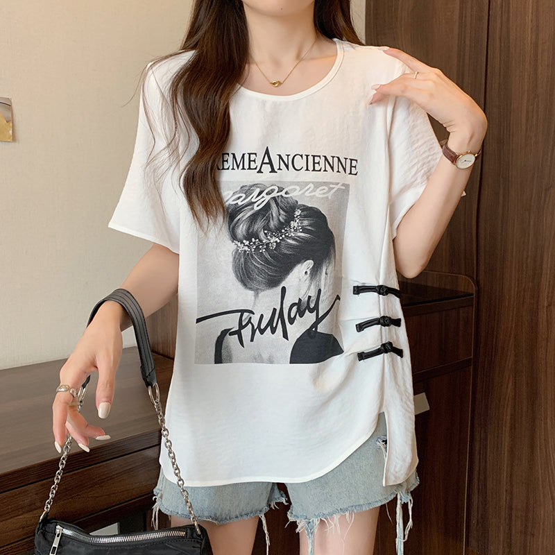 Plus Size Graphic Tee with Chinese Frog Buttons