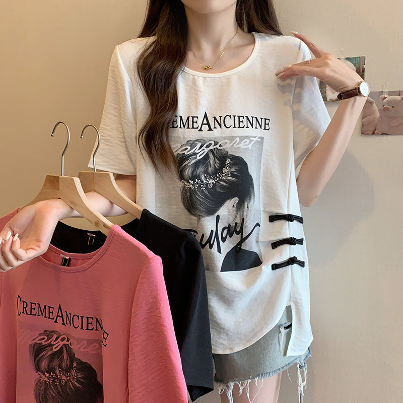 Plus Size Graphic Tee with Chinese Frog Buttons