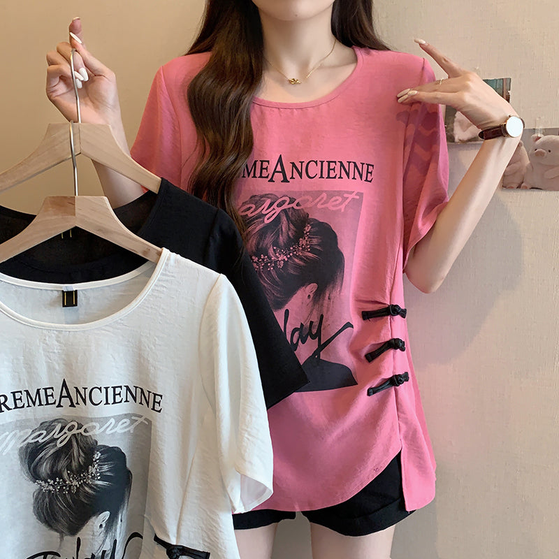 Plus Size Graphic Tee with Chinese Frog Buttons