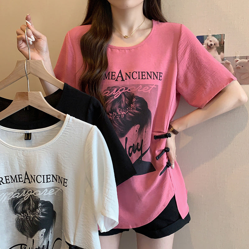 Plus Size Graphic Tee with Chinese Frog Buttons