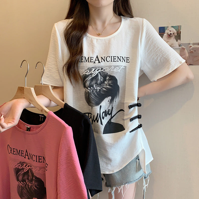 Plus Size Graphic Tee with Chinese Frog Buttons