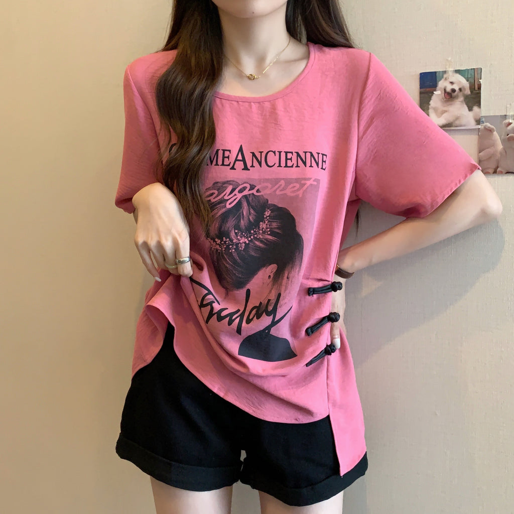 Plus Size Graphic Tee with Chinese Frog Buttons