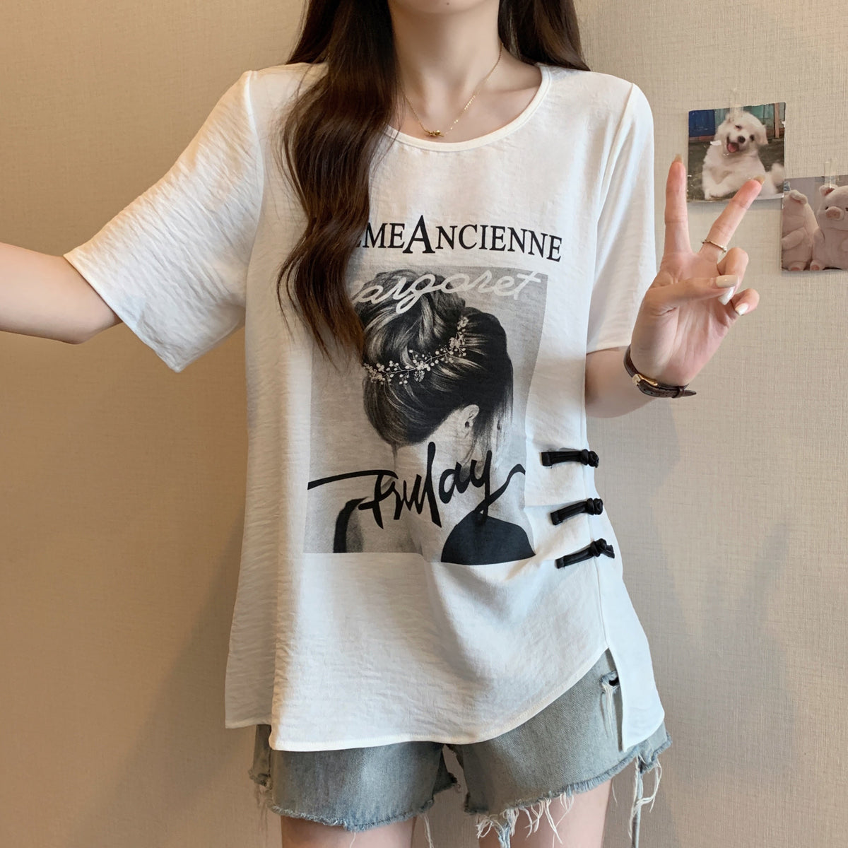 Plus Size Graphic Tee with Chinese Frog Buttons