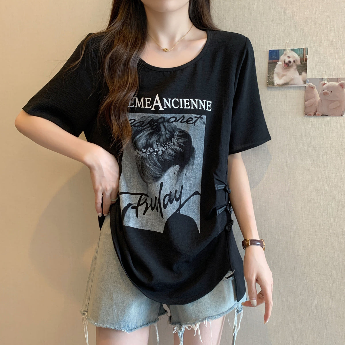 Plus Size Graphic Tee with Chinese Frog Buttons